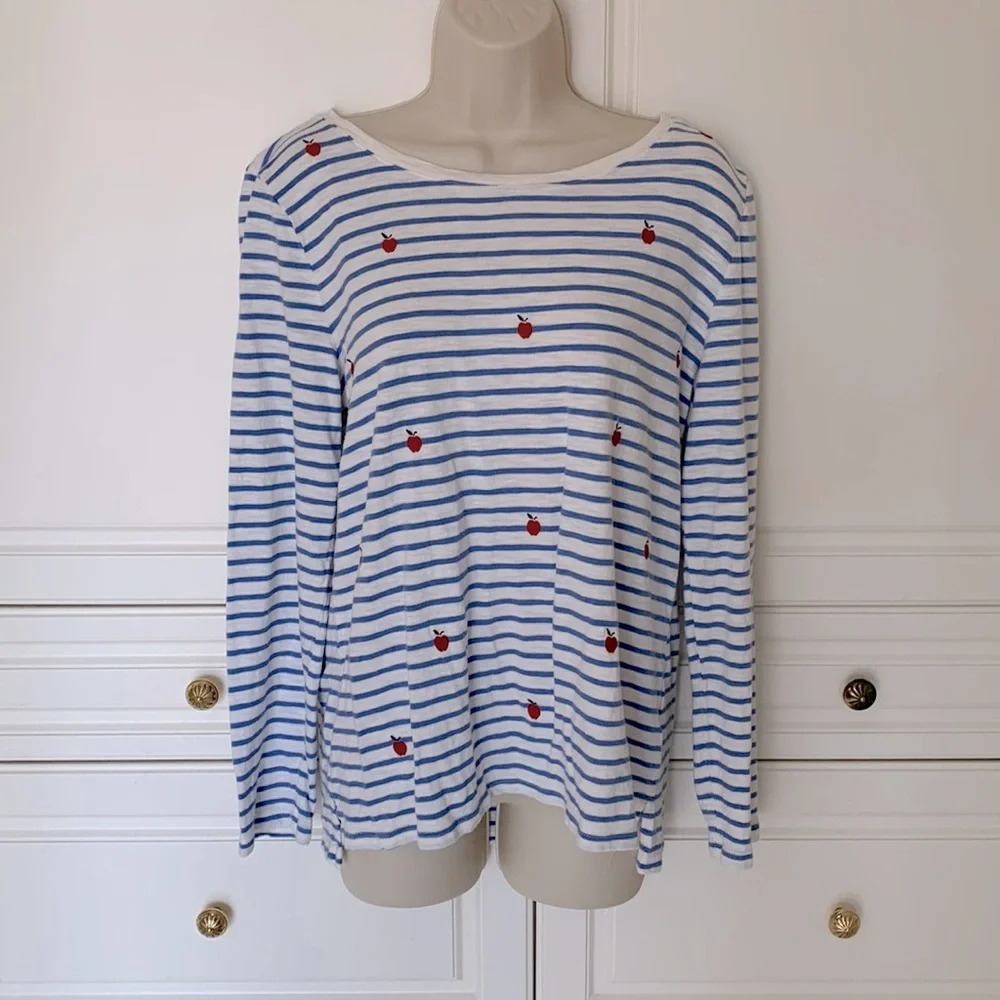 Talbots size large long sleeve blue white stripe embroidered apples boat neck